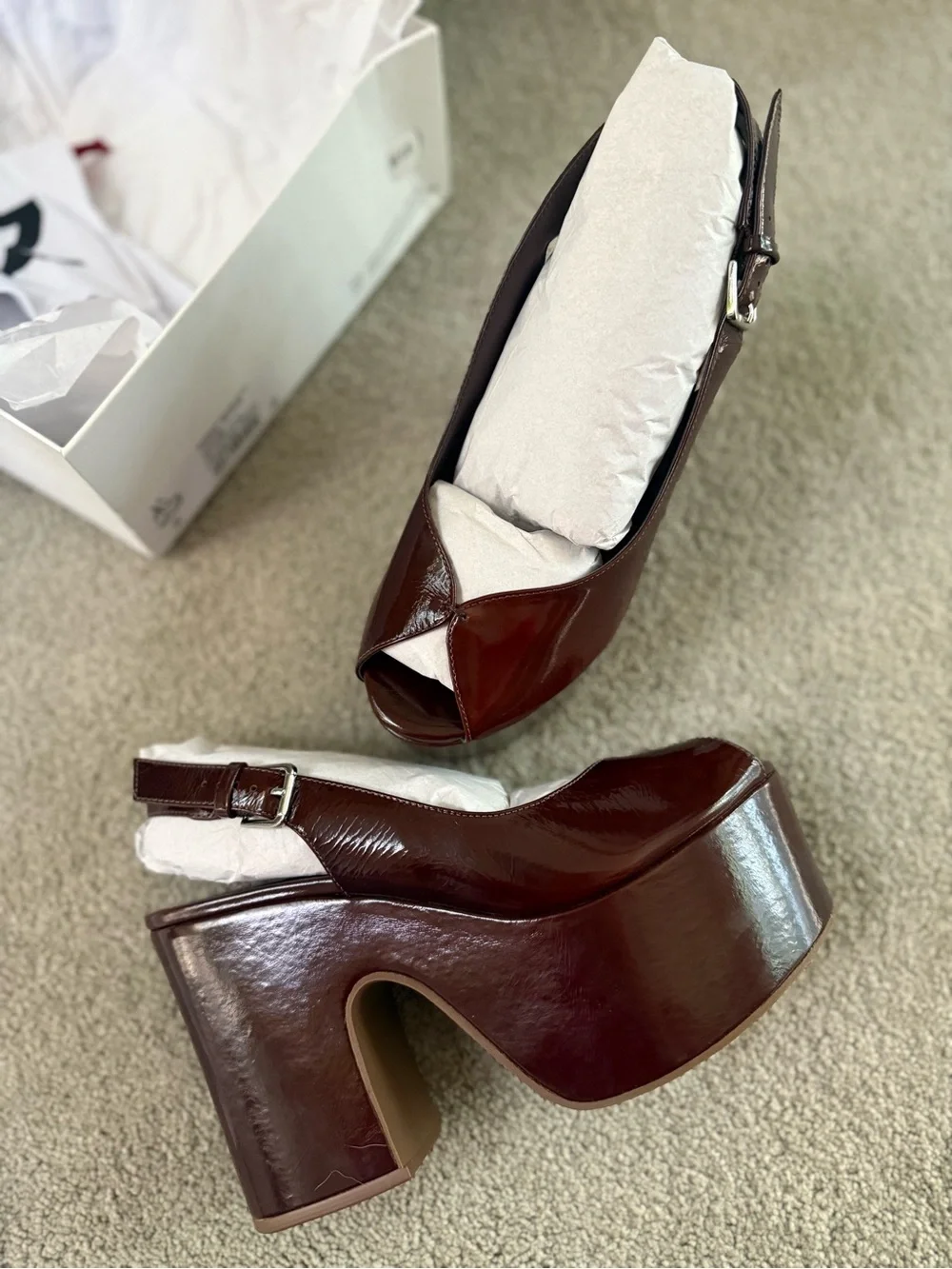 SCHUTZ Brandi Leather Platform Slingback Heels in Root Beer Brown